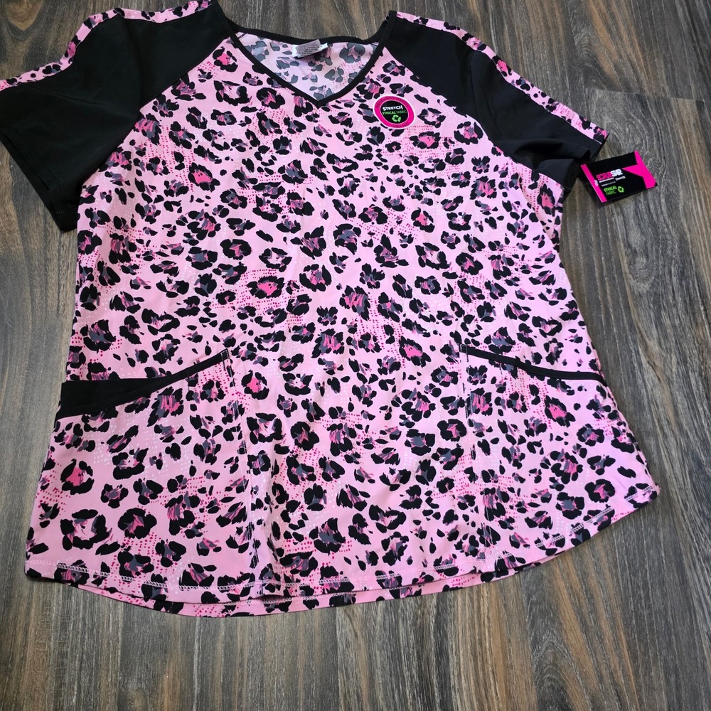 Scrubstar Womens XL Pink Leopard Print V-Neck Scrub Top Short Sleeve Stretch NWT